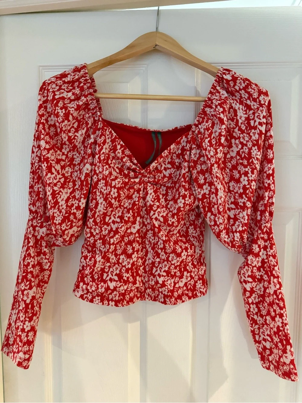 Anthropologie Red Floral Puff-Sleeve Square Neck Blouse